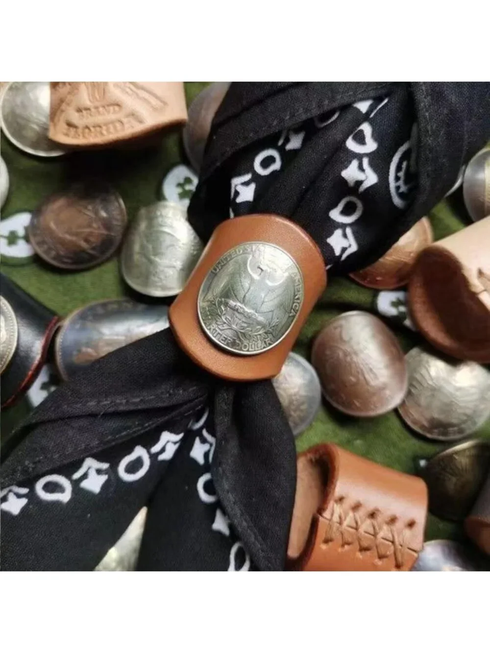 Handmade Cowhide Scarf Ring with Coin Detail | Retro Square Scarf Slide Buckle